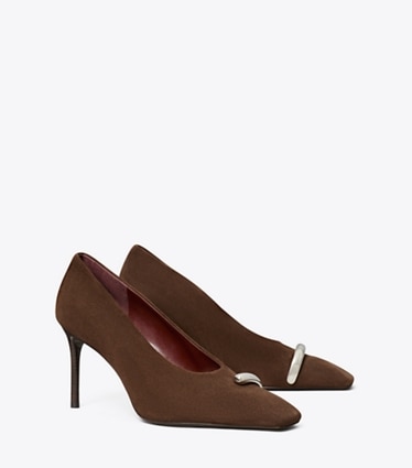 Tory Burch designer heels Pierced Pump in DARK COCOA / SILVER angle