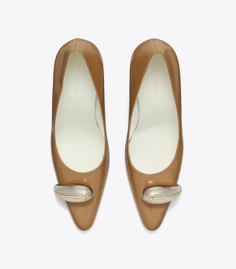 Tory Burch designer heels Pierced Pump in SOFT ACORN / SILVER angle