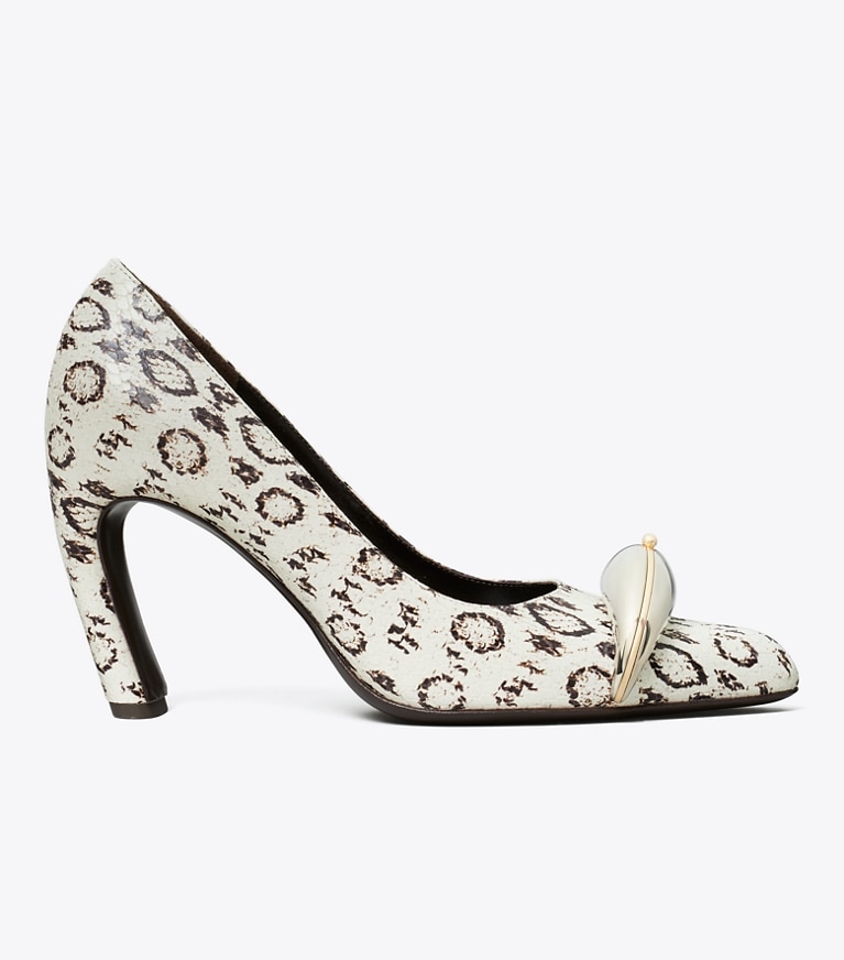 Tory Burch designer heels Pierced Pump in BLACK / WHITE ROCCIA / SILVER angle