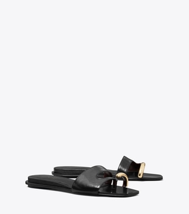 Tory Burch designer sandals Pierced Slide in PERFECT BLACK / GOLD angle