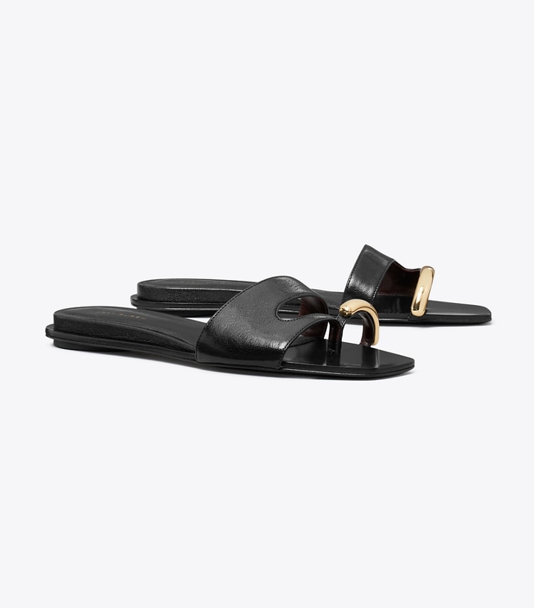 Tory Burch designer sandals Pierced Slide in PERFECT BLACK / GOLD angle
