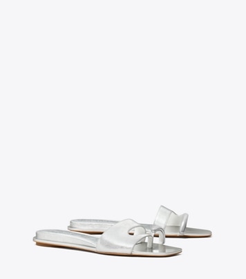 Tory Burch designer sandals Pierced Slide in BRIGHT SILVER / SILVER angle