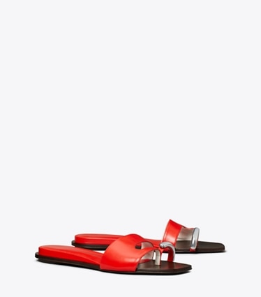 Tory Burch designer sandals Pierced Slide in BLAZING RED / SILVER angle