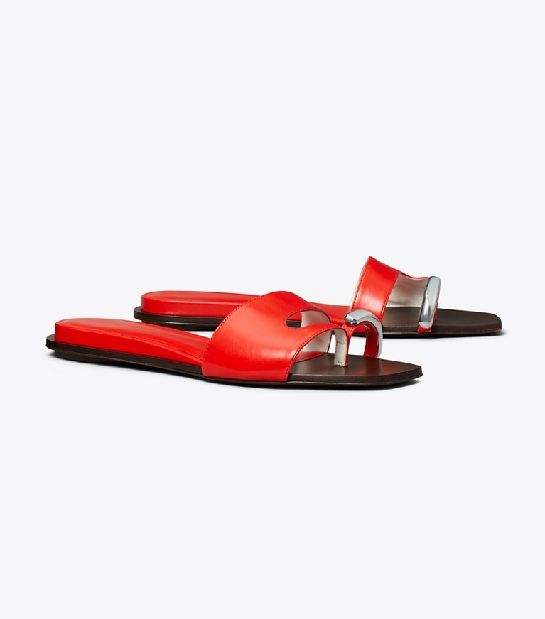 Tory Burch designer sandals Pierced Slide in BLAZING RED / SILVER angle