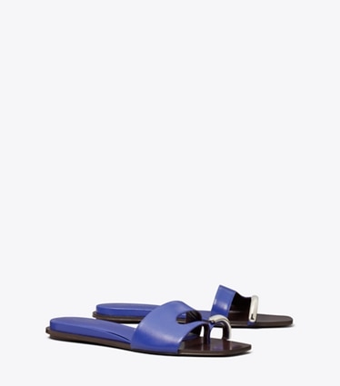 Tory Burch designer sandals Pierced Slide in ULTRA MARINE BLUE / SILVER angle