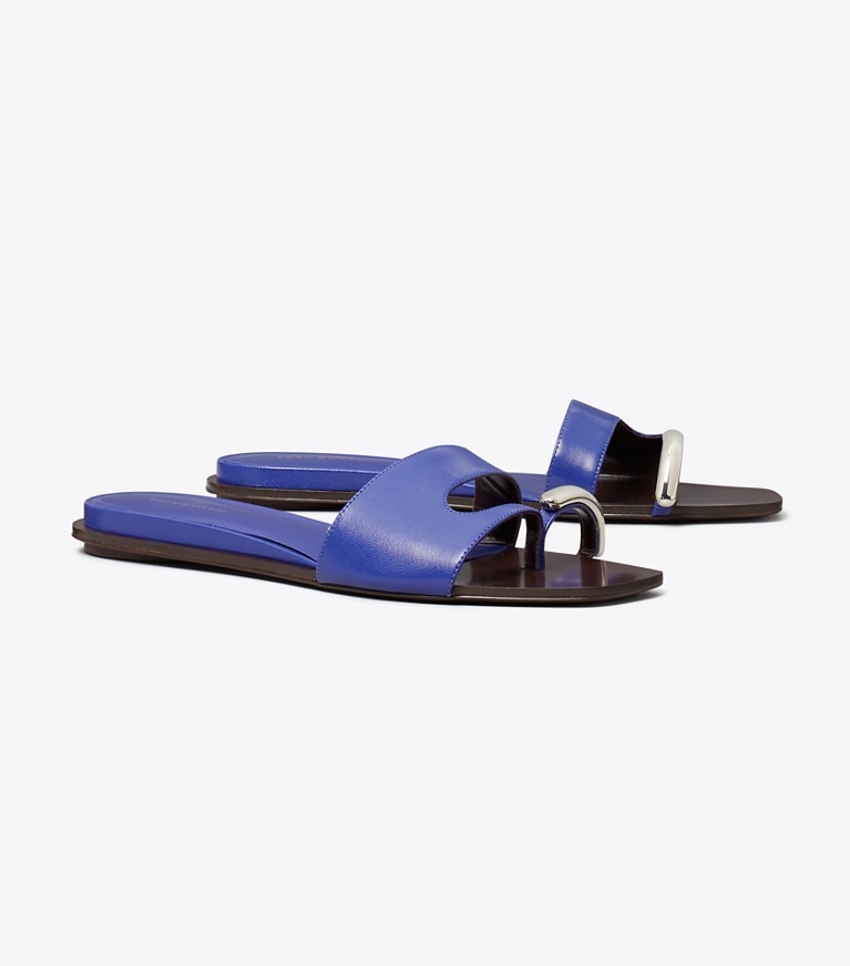 Tory Burch designer sandals Pierced Slide in ULTRA MARINE BLUE / SILVER angle