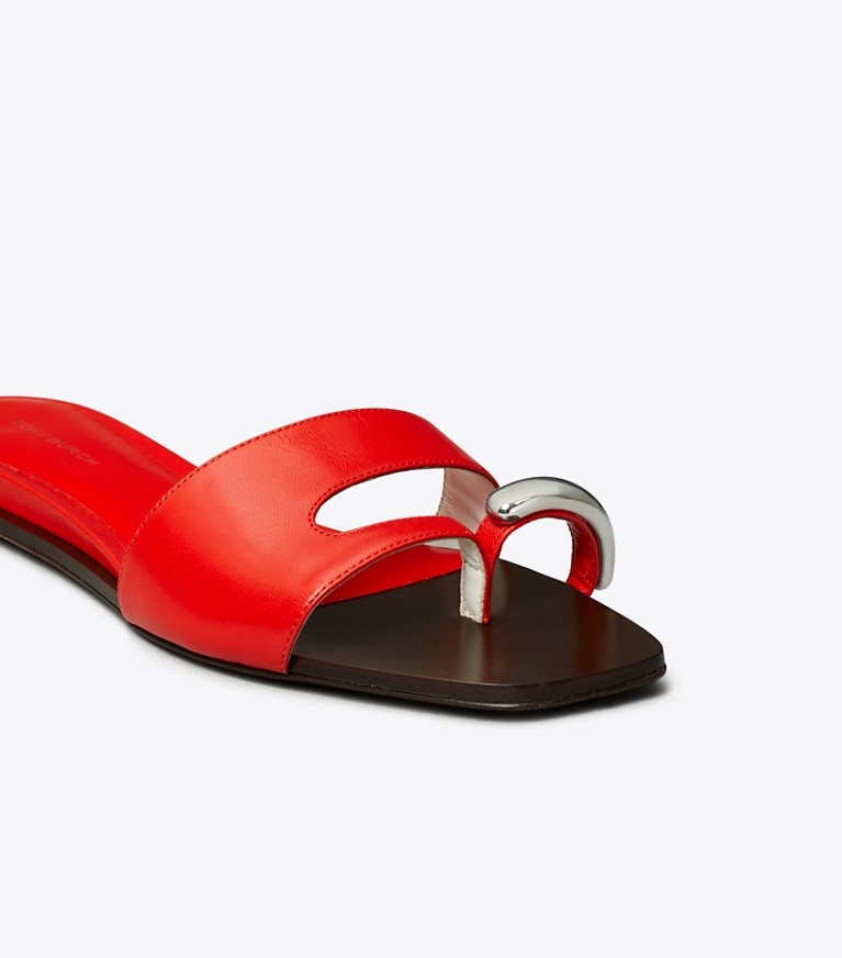 Tory Burch designer sandals Pierced Slide in BLAZING RED / SILVER angle