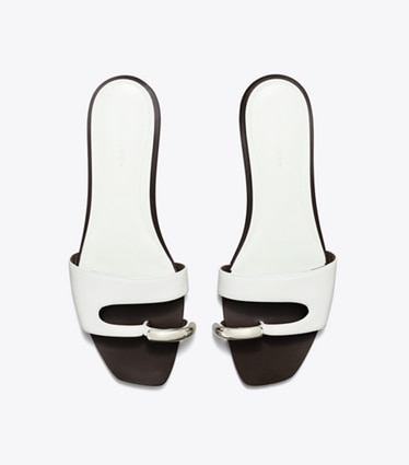 Tory Burch designer sandals Pierced Slide in WHITE / SILVER overhead