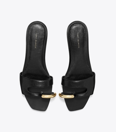 Tory Burch designer sandals Pierced Slide in PERFECT BLACK / GOLD overhead