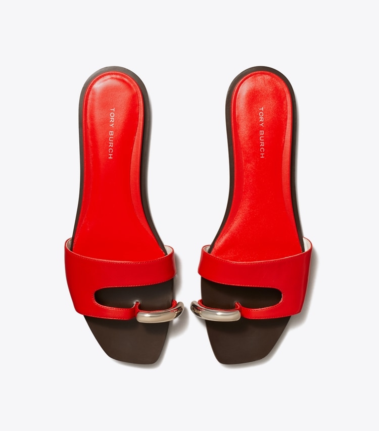 Tory Burch designer sandals Pierced Slide in BLAZING RED / SILVER overhead