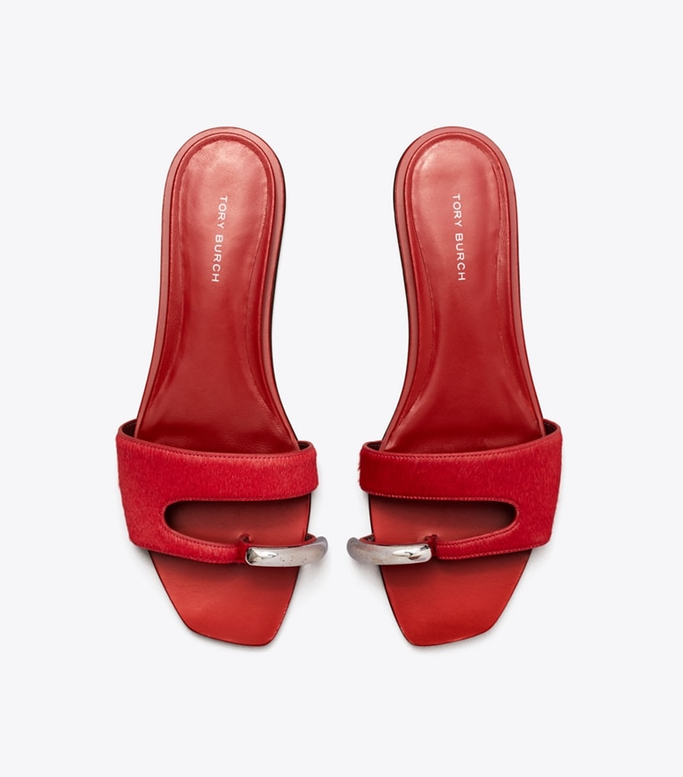 Tory Burch designer sandals Pierced Slide in TOUCAN RED / SILVER overhead