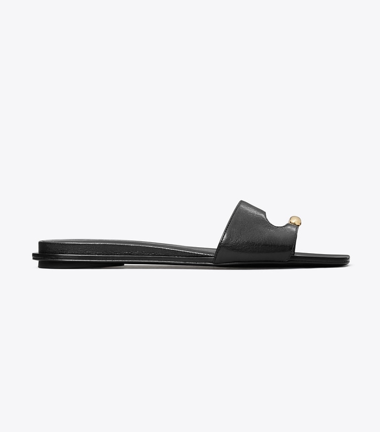 Tory Burch designer sandals Pierced Slide in PERFECT BLACK / GOLD angle