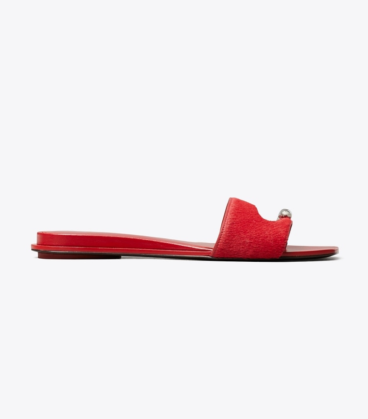 Tory Burch designer sandals Pierced Slide in TOUCAN RED / SILVER side