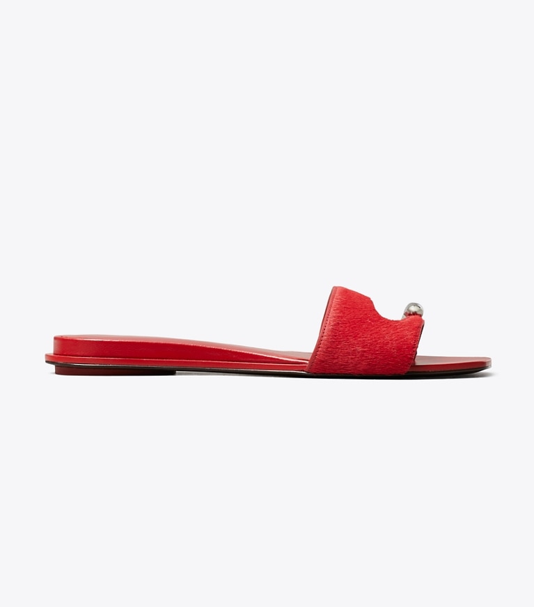 Tory Burch designer sandals Pierced Slide in TOUCAN RED / SILVER side