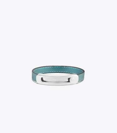 Tory Burch designer bracelets Pierced Slider Bracelet in Light Silver / TUMERIC BLUE front