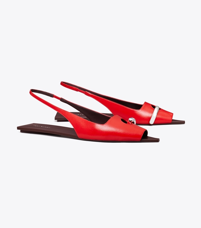 Tory Burch designer sandals Pierced Slingback in PLUM / RED / SILVER angle
