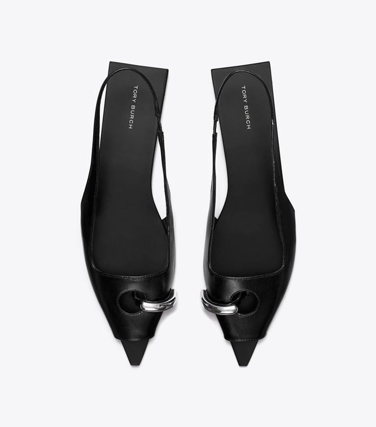 Tory Burch designer sandals Pierced Slingback in PERFECT BLACK / PERFECT BLACK / SILVER angle