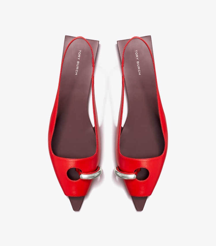 Tory Burch designer sandals Pierced Slingback in PLUM / RED / SILVER overhead