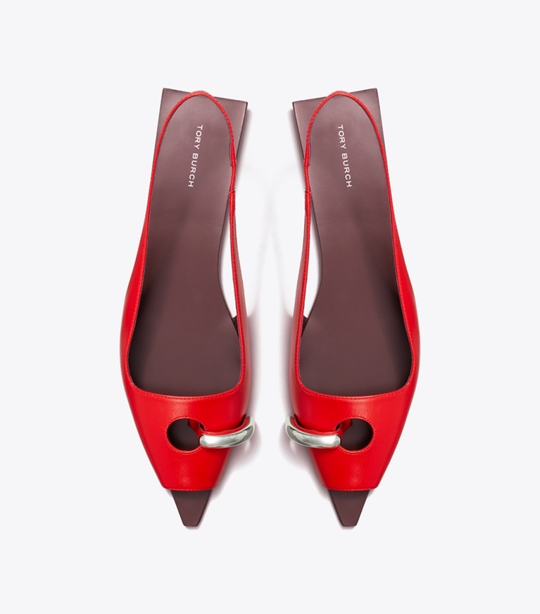 Tory Burch designer sandals Pierced Slingback in PLUM / RED / SILVER angle