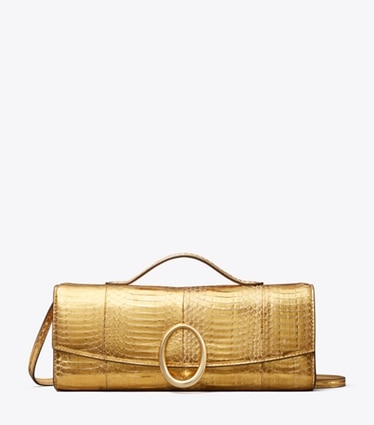 Tory Burch designer clutches Pierced Snake Clutch in Gold front