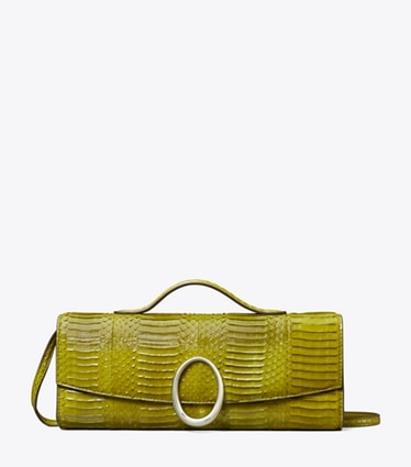 Tory Burch designer clutches Pierced Snake Clutch in Moss front