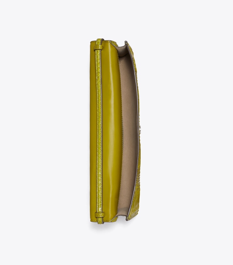 Tory Burch designer clutches Pierced Snake Clutch in Moss overhead