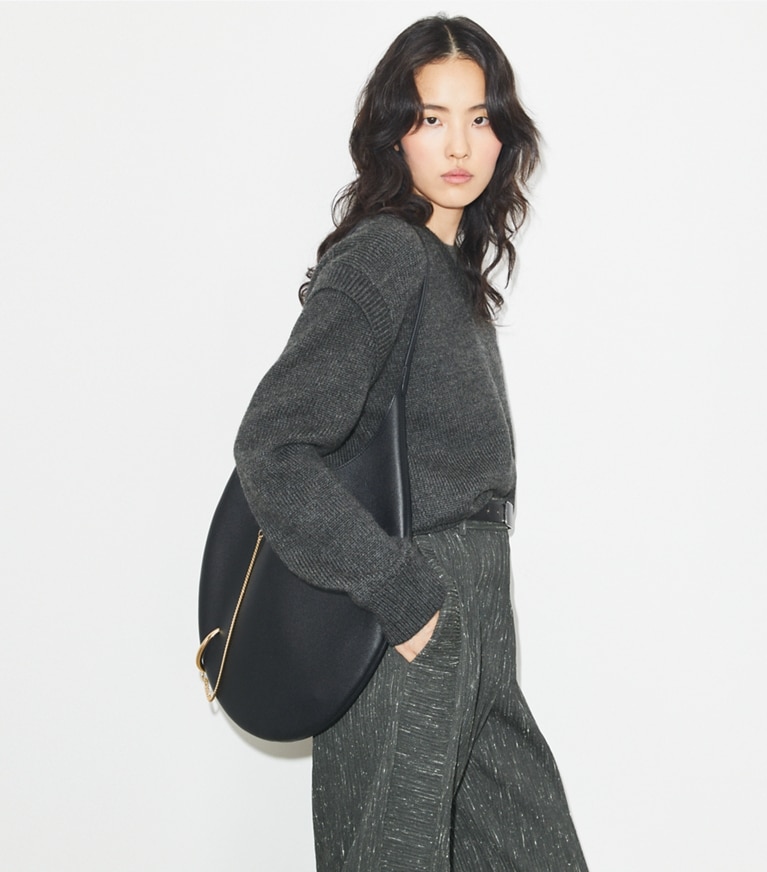 Tory Burch designer shoulder bags Pierced Soft Bag in BLACK/GOLD angle