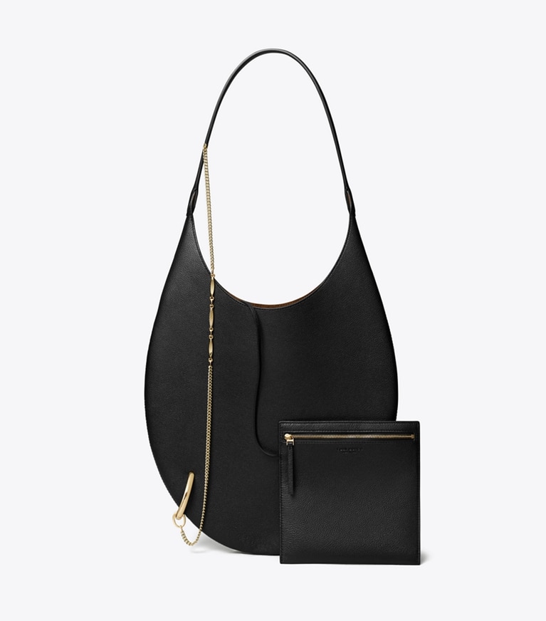 Tory Burch designer shoulder bags Pierced Soft Bag in BLACK/GOLD angle