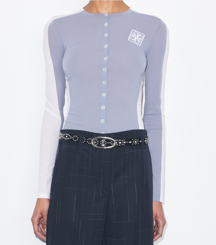 Tory Burch designer belts Pierced Studded Belt in Black accessory on model