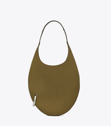 Tory Burch designer shoulder bags Pierced Suede Bag in Deep Olive front