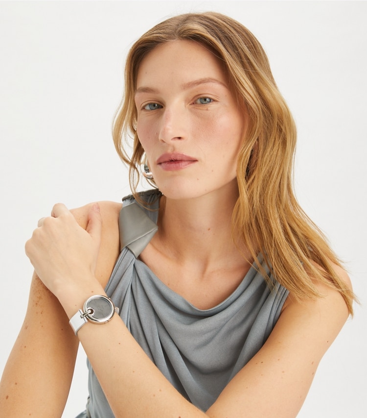 Tory Burch designer strap watches Pierced Watch in IVORY/GOLD/VACHETTA accessory on model