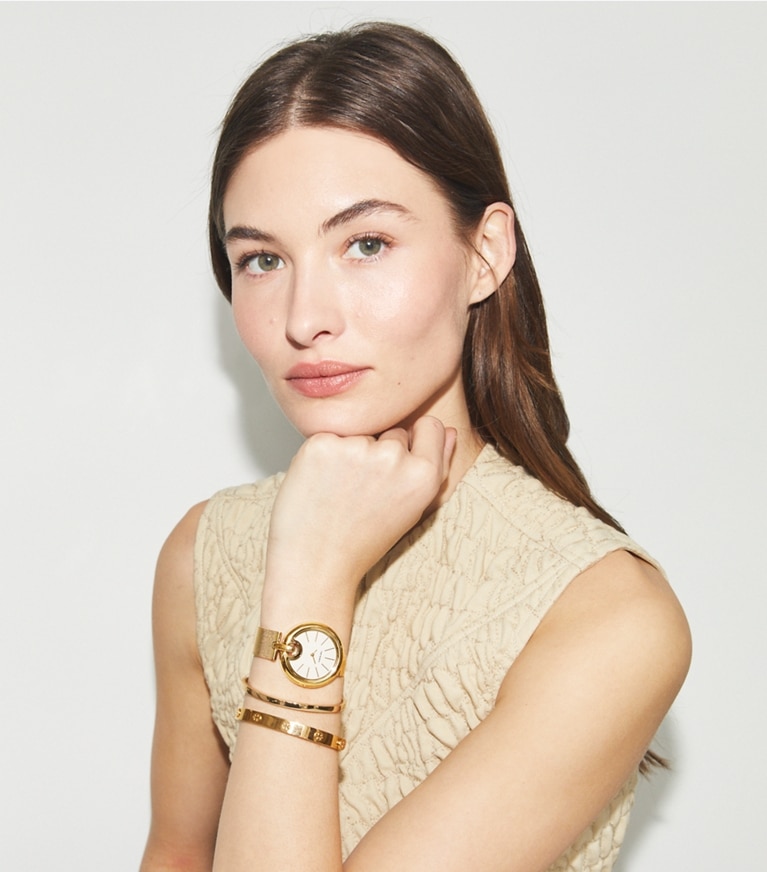 Tory Burch designer ストラップウォッチ ピアス ウォッチ in IVORY/GOLD front