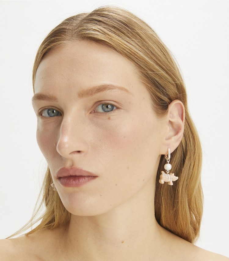 Tory Burch designer earrings Piggie Earrings in Light Silver / Pink / Pearl accessory on model