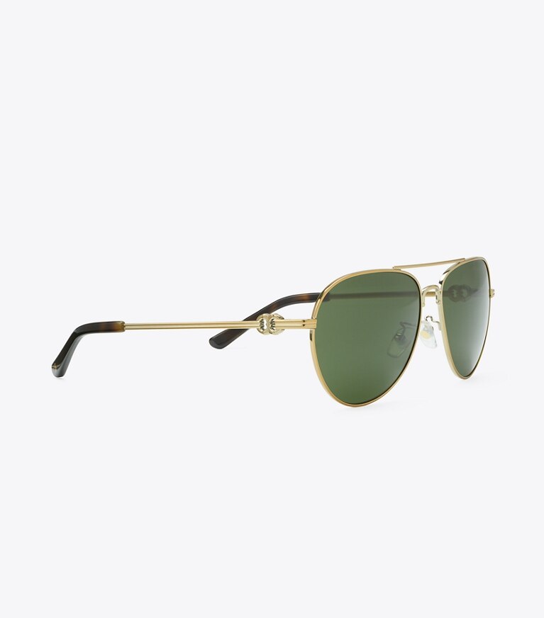 Tory Burch diseñador gafas de sol y anteojos Pilot Gemini en SHINY GOLD/SOLID GREEN detalle