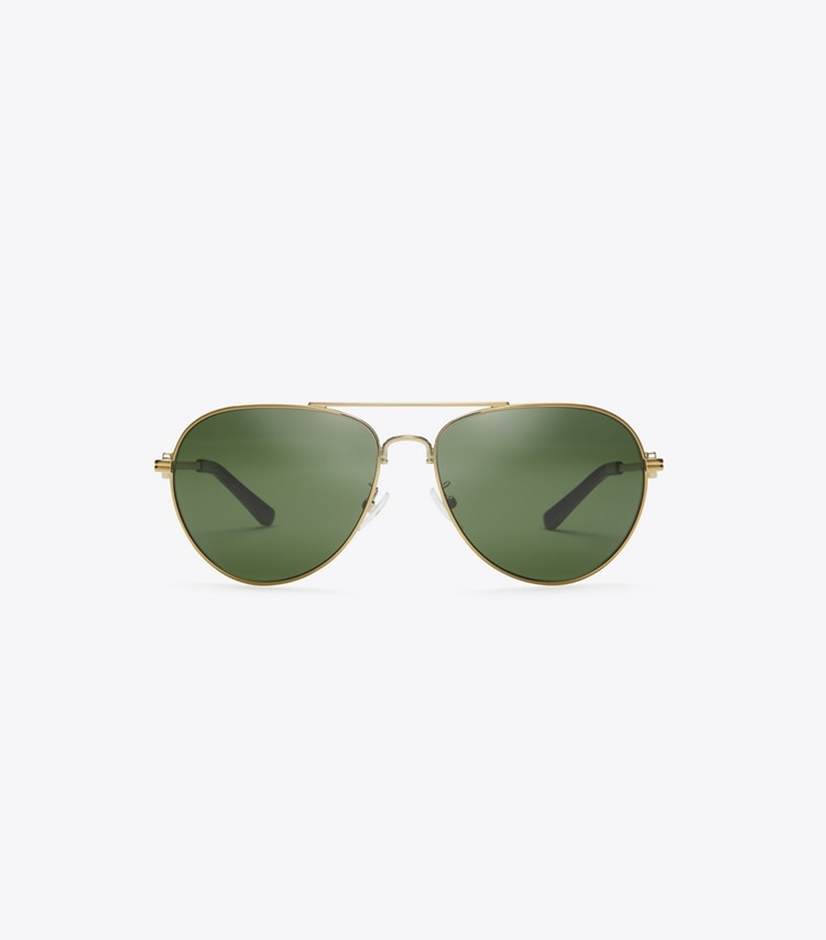Tory Burch diseñador gafas de sol y anteojos Pilot Gemini en SHINY GOLD/SOLID GREEN frontal