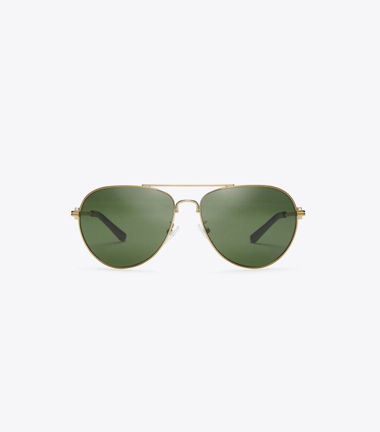 Tory Burch diseñador gafas de sol y anteojos Pilot Gemini en SHINY GOLD/SOLID GREEN frontal