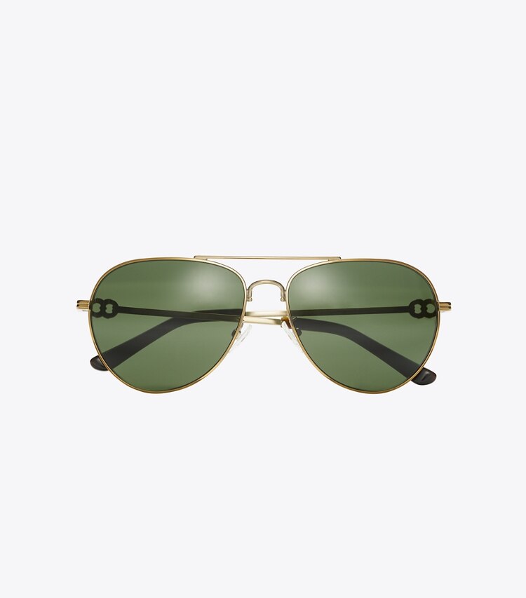 Tory Burch diseñador gafas de sol y anteojos Pilot Gemini en SHINY GOLD/SOLID GREEN desde arriba