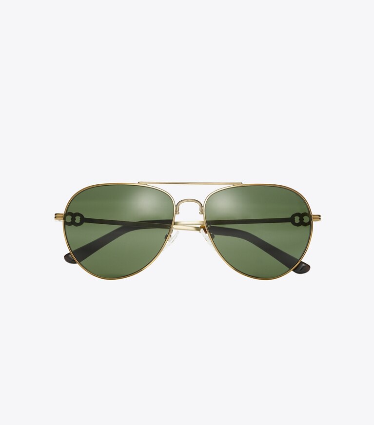 Tory Burch diseñador gafas de sol y anteojos Pilot Gemini en SHINY GOLD/SOLID GREEN desde arriba