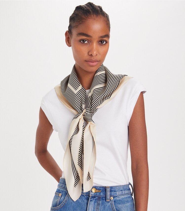 Tory Burch designer scarves Pinstripe Logo Silk Square Scarf in Pinstripe Logo French Cream accessory on model