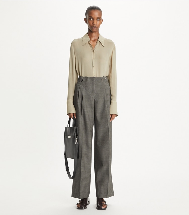 Tory Burch designer bottoms Pinstripe Wool Pant in Melange Gray on model front