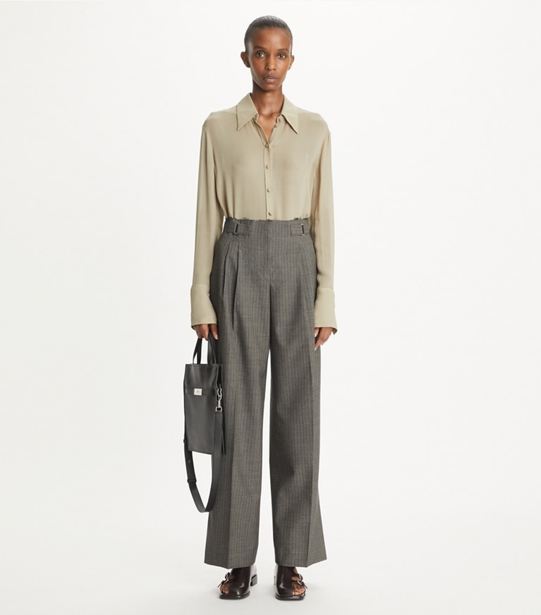 Tory Burch designer bottoms Pinstripe Wool Pant in Melange Gray front