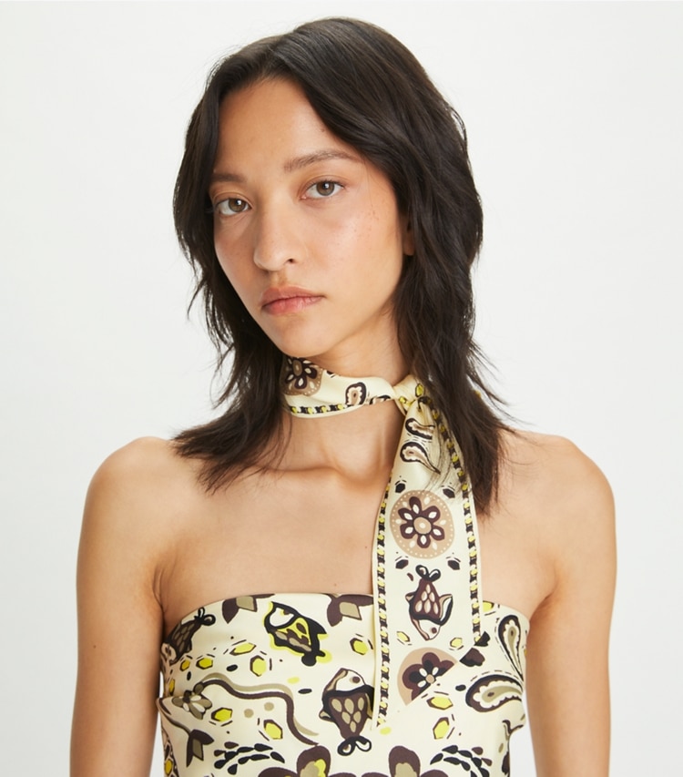 Tory Burch designer scarves Pisces Dream Silk Ribbon Tie in Beige accessory on model