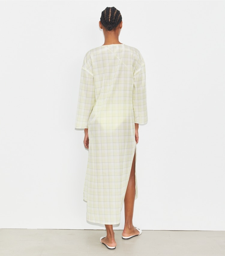 Tory Burch designer dresses Plaid Cotton Caftan in LUMEN PLAID on model back