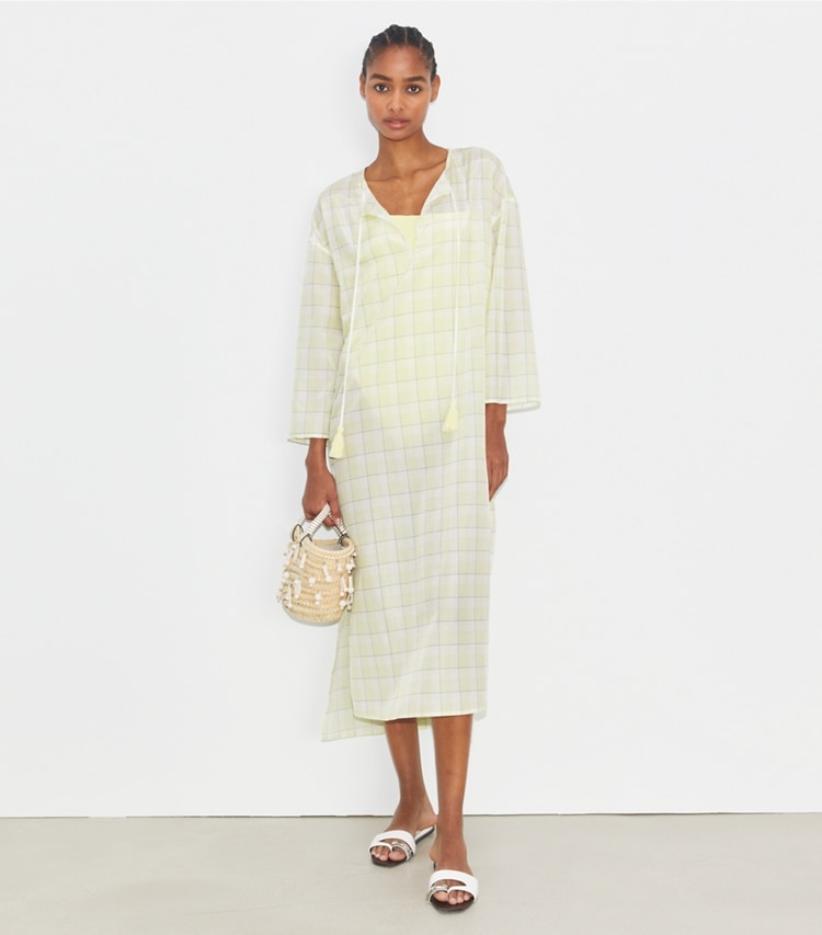 Tory Burch designer dresses Plaid Cotton Caftan in LUMEN PLAID on model front