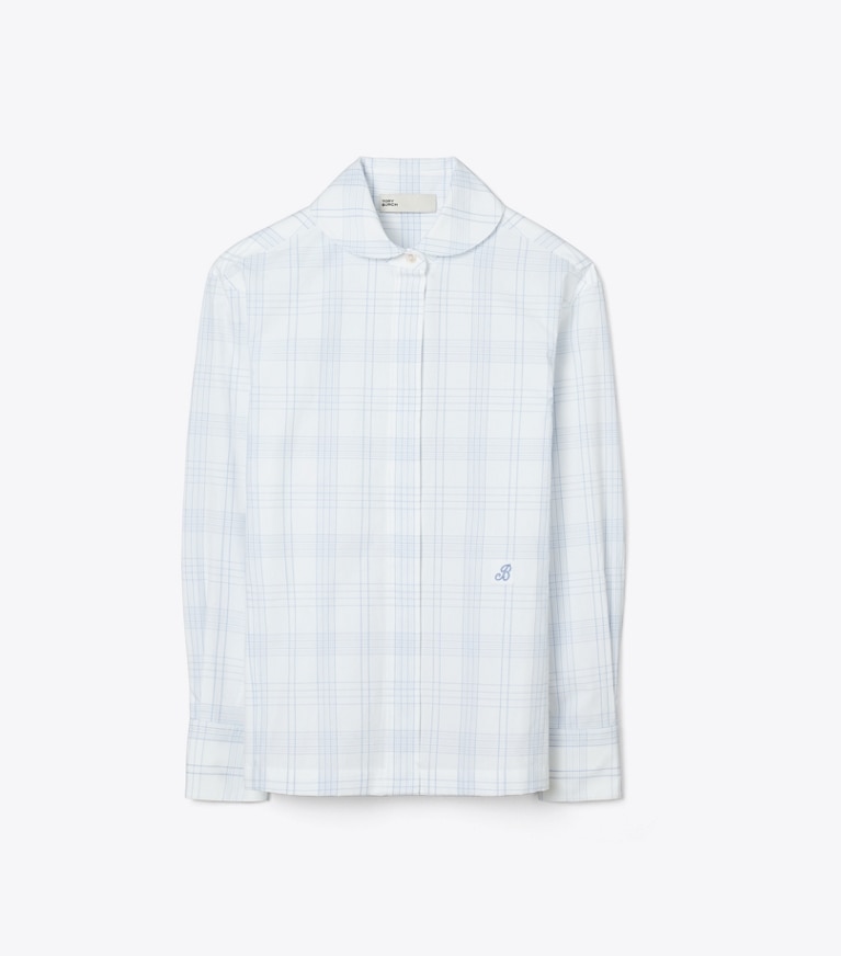 Tory Burch designer tops Plaid Cotton Shirt in White / Blue front