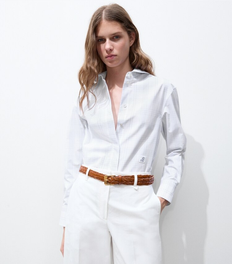 Tory Burch designer tops Plaid Cotton Shirt in White / Blue on model detail