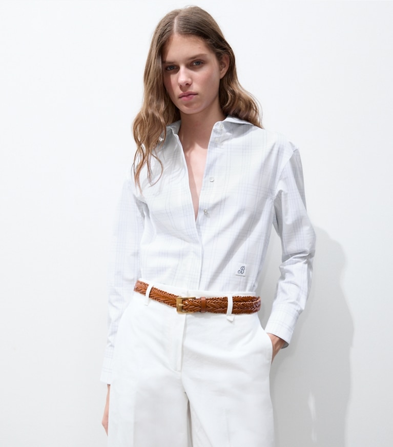 Tory Burch designer tops Plaid Cotton Shirt in White / Blue on model detail