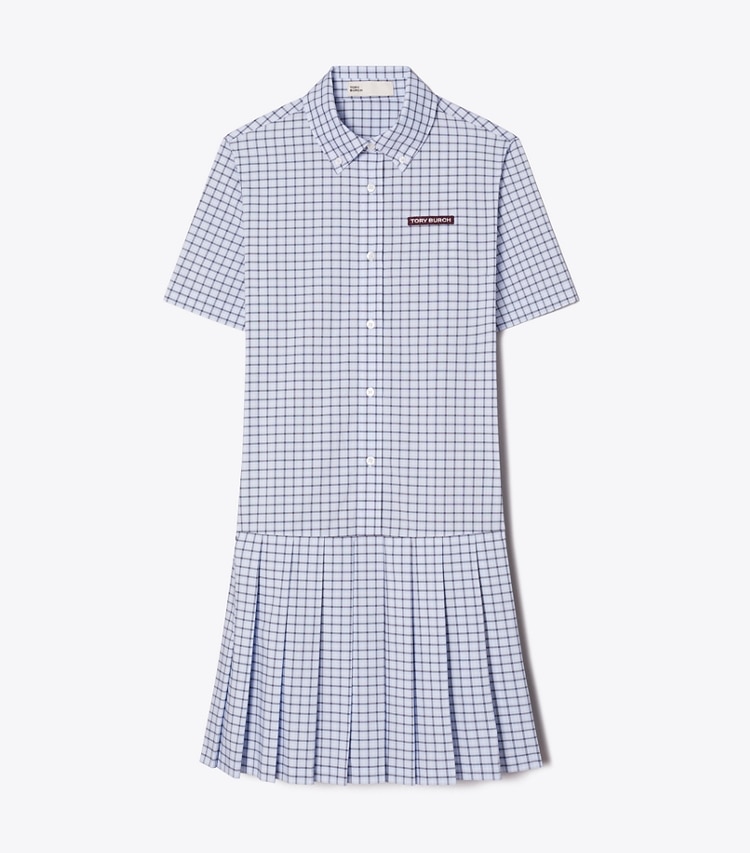 Tory Burch designer dresses Plaid Drop-Waist Pleated Golf Dress in Light Blue Plaid front