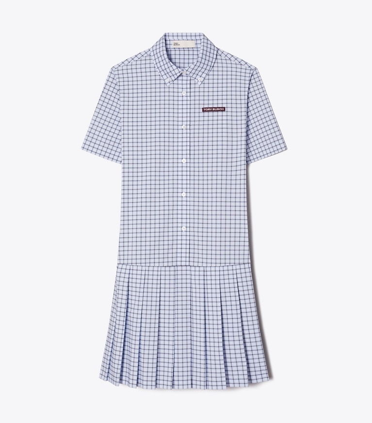 Tory Burch designer dresses Plaid Drop-Waist Pleated Golf Dress in Light Blue Plaid front