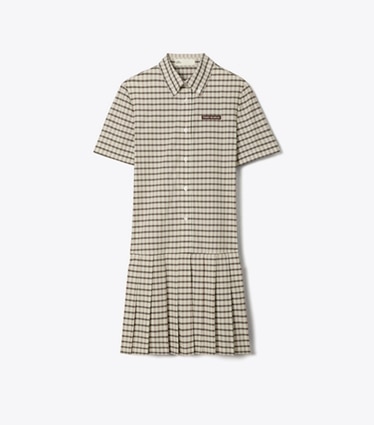Tory Burch designer dresses Plaid Drop-Waist Pleated Golf Dress in Ivory / Black Plaid front